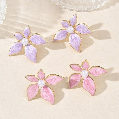 304 Pendientes de perlas de acero inoxidable esmaltado y plástico ABS para mujer, flor, Recubrimiento al vacío PVD, dorado