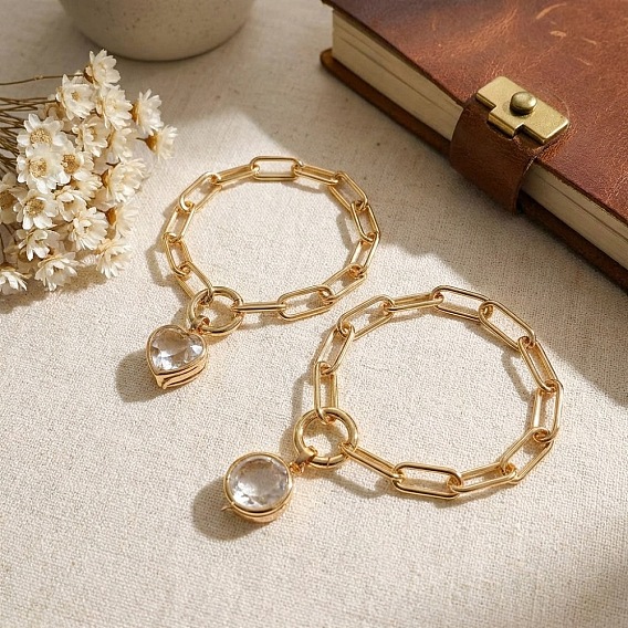 Bracelet en laiton, médaillon en verre, breloque trombone, chaîne., or, clair