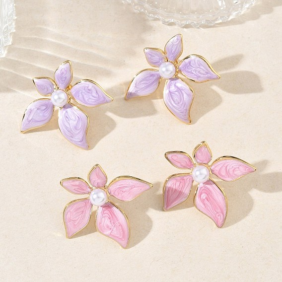 304 Stainless Steel Enamel & ABS Plastic Pearl Stud Earrings for Women, Flower, PVD Vacuum Plating, Golden