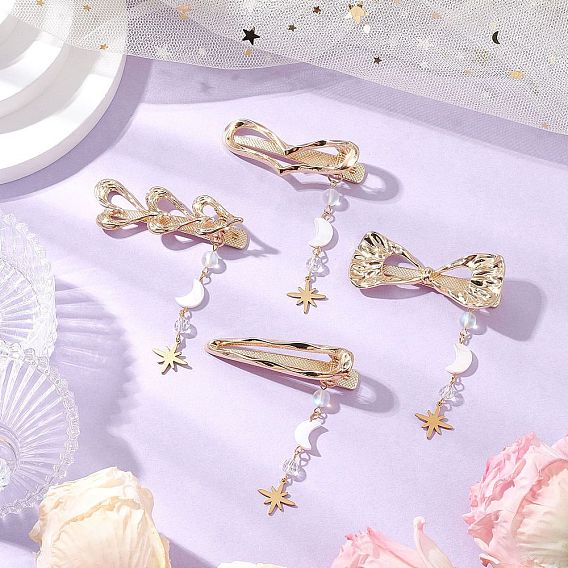 Сплав зажимами волос, с синтетическими бусинами из лунного камня, натуральные бусины из пресноводных ракушек и стеклянные бусины