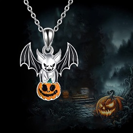Halloween Alloy Enamel Bat with Pumpkin Pendant Necklaces, Black and Orange