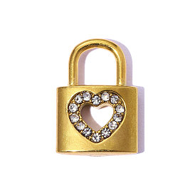 304 Stainless Steel Rhinestone Pendants, Heart Lock Charm, Ion Plating(IP) Hand Polished, Long-Lasting Plated