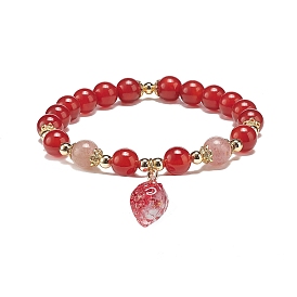 Cornaline naturelle (teintée et chauffée) et bracelet extensible en perles de quartz fraise avec breloques en verre fraise pour femme