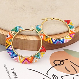 Bohemian ethnic style creative beaded rice beads hand-woven colorful geometric shape large circle women's earrings