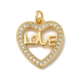 Heart with Word Love Rack Plating Brass Micro Pave Clear Cubic Zirconia Pendants, Long-Lasting Plated, Lead Free & Cadmium Free