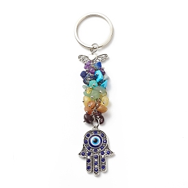 Natural & Synthetic Gemstone Beaded & Alloy Rhinestone Pendants Keychain, with Resin Beads, Brass, Iron, 304 Stainless Steel & Alloy Findings, Hamsa Hand with Evil Eye