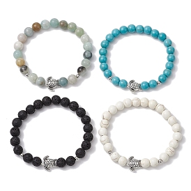 4Pcs 4 Styles Gemstone Beaded Stretch Bracelets, with Antique Silver Alloy Tortoise