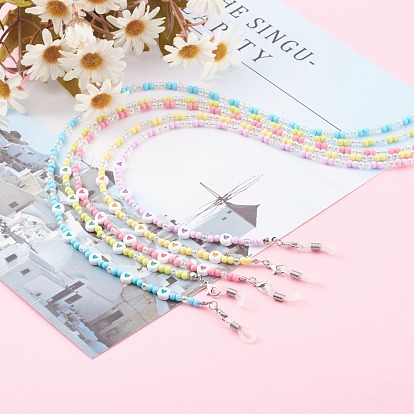 Eyeglasses Chains, Neck Strap for Eyeglasses, with Acrylic Round Beads, Alloy Lobster Claw Clasps and Rubber Loop End, Heart