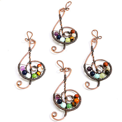 Chakra Gemstone Big Pendants, Musical Note Metal Charms, Red Copper, Mixed Dyed and Undyed