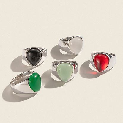 304 Stainless Steel Gemstone Finger Rings for Women, Teardrop, Stainless Steel Color