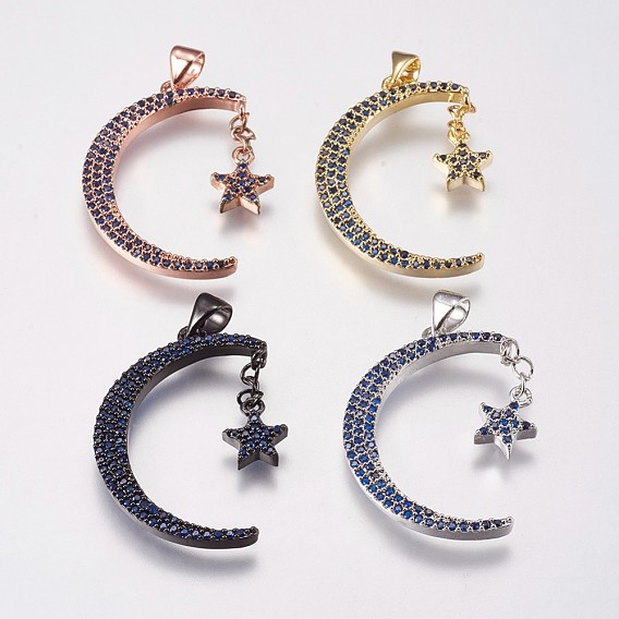 Brass Micro Pave Cubic Zirconia Pendants, Moon with Star