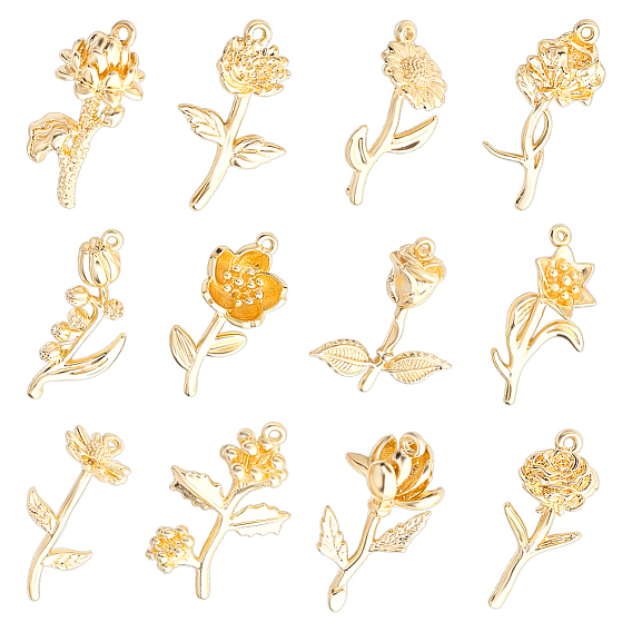 12 piezas 12 estilos colgantes de latón, encantos de la flor