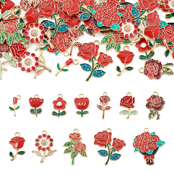 48 piezas 12 estilos colgantes de aleación de esmalte, encantos de la flor, dorado