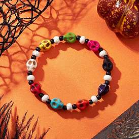 Браслеты из синтетической бирюзы и стеклянных бусин, эластичные браслеты для женщин, череп