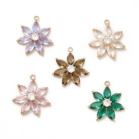 Rack Plating Brass with Glass Pendant, Real 14K Gold Plated, Cadmium Free & Lead Free, Faceted Flower