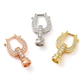 Rack Plating Brass Micro Pave Clear Cubic Zirconia U-Shaped Fold Over Clasps, Cadmium Free & Lead Free, Long-Lasting Plated