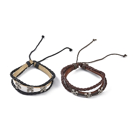 PU Leather & Waxed Cords Triple Layer Multi-strand Bracelets, Braided Adjustable Bracelet Alloy Cross