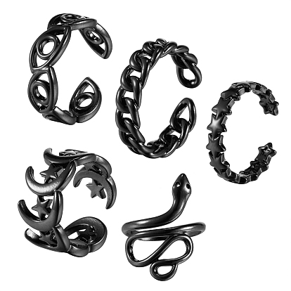 5Pcs 5 Style Spray Painted Brass Cuff Rings, Open Rings, Star & Evil Eye & Curb Chain & Moon & Star & Snake