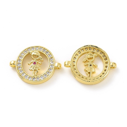 Rack Plating Brass Micro Pave Clear Cubic Zirconia Connector Charms, Long-Lasting Plated, Cadmium Free & Lead Free, Flat Round Links with Girl Pattern
