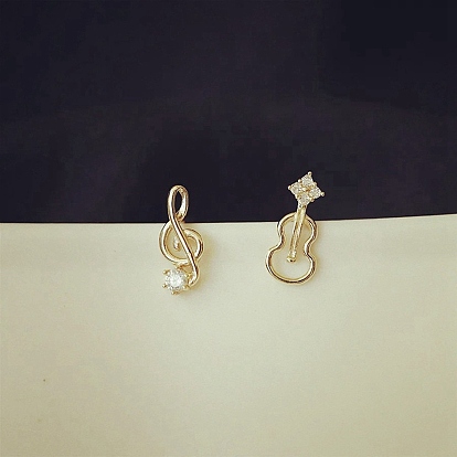 Brass with Cubic Zirconia Stud Earrings, Musical Note & Guitar Asymmetrical Earrings