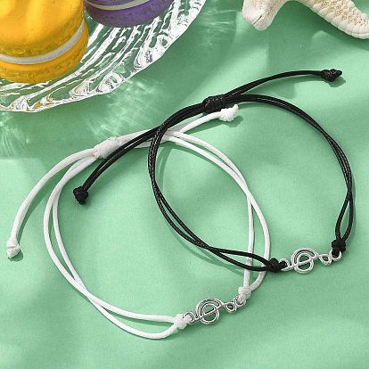 2Pcs 2 Colors Korean Waxed Polyester Cord Adjustable Bracelets, Alloy Music Note Link Bracelets for Women Men