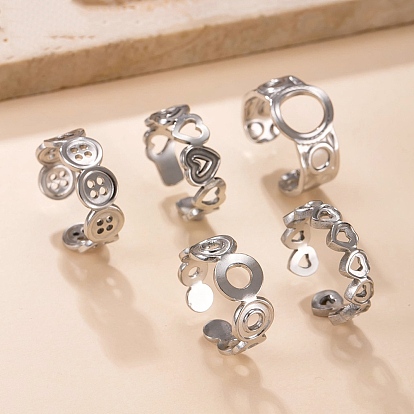 Hollow 304 Stainless Steel Cuff Open Rings, Mixed Shapes, Stainless Steel Color