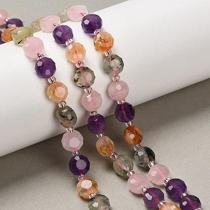 Нити бусин из натурального аметиста, пренита, розового кварца и цитрина, плоско-круглые, граненые, с бисером