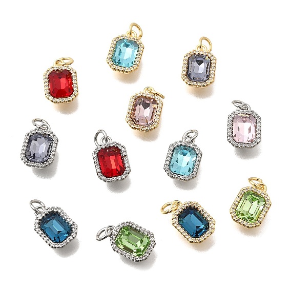 Латунь стекло кулоны, прямоугольный шарм, с кубическим цирконием и прыгающим кольцом, граненые