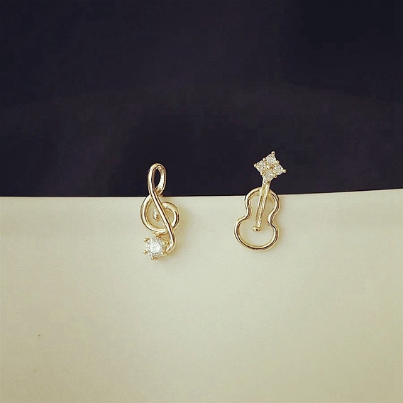 Brass with Cubic Zirconia Stud Earrings, Musical Note & Guitar Asymmetrical Earrings