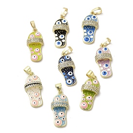 Brass Micro Pave Cubic Zirconia Pendants, with Enamel, Real 18K Gold Plated, Slipper
 with Evil Eye