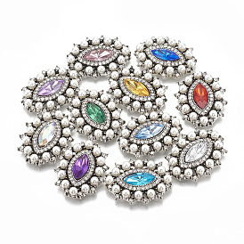 Alloy Flat Back Cabochons, with Rhinestone & Acrylic Rhinestone, ABS Plastic Imitation Pearl, Faceted, Oval, Antique Silver