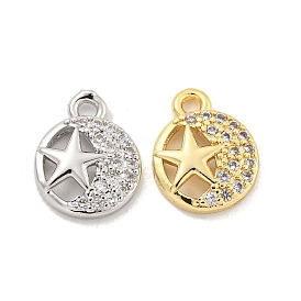 Brass Micro Pave Clear Cubic Zirconia Charms, Round with Star