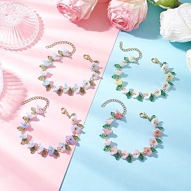 4Pcs Acrylic Beaded Bracelets for Women, Flower, with 304 Stainless Steel Lobster Claw Clasps