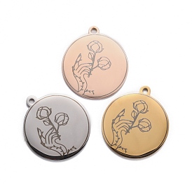 304 Stainless Steel Pendants, Flat Round with Hand & Flower