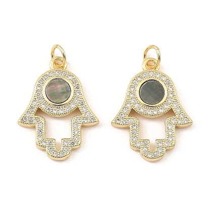 Brass Cubic Zirconia with Shell Pendants, Long-Lasting Plated, Lead Free & Cadmium Free, Hamsa Hand