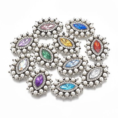 Alloy Flat Back Cabochons, with Rhinestone & Acrylic Rhinestone, ABS Plastic Imitation Pearl, Faceted, Oval, Antique Silver