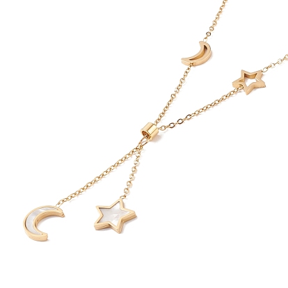 Resin Shell Star and Moon Pendant Lariat Necklace, Ion Plating(IP) 304 Stainless Steel Jewelry for Women