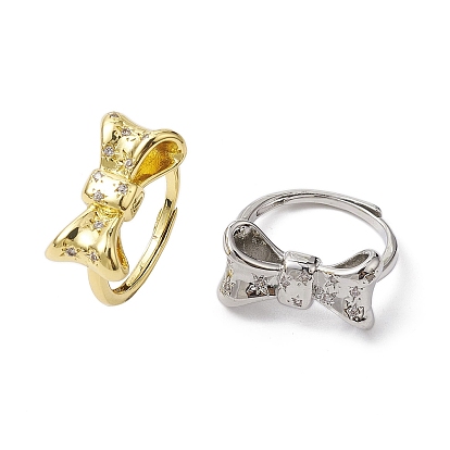 Rack Plating Brass Micro Pave Cubic Zirconia Adjustable Rings, Long-Lasting Plated, Lead Free & Cadmium Free, Bowknot