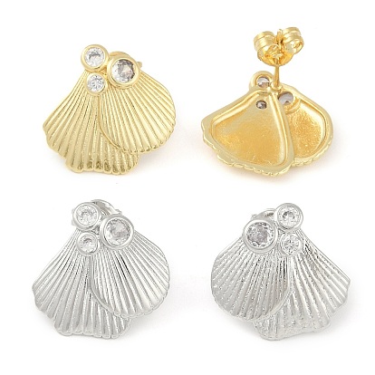 Серьги-гвоздики в форме ракушки с покрытием из латуни и прозрачного кубического циркония для женщин, долговечный, без свинца и без кадмия