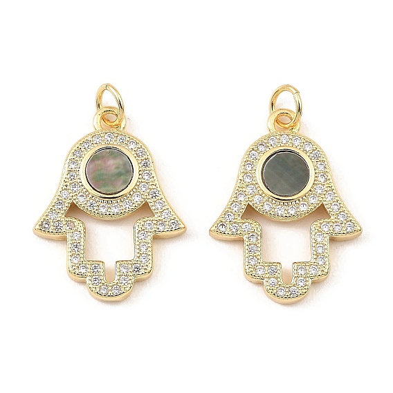 Brass Cubic Zirconia with Shell Pendants, Long-Lasting Plated, Lead Free & Cadmium Free, Hamsa Hand