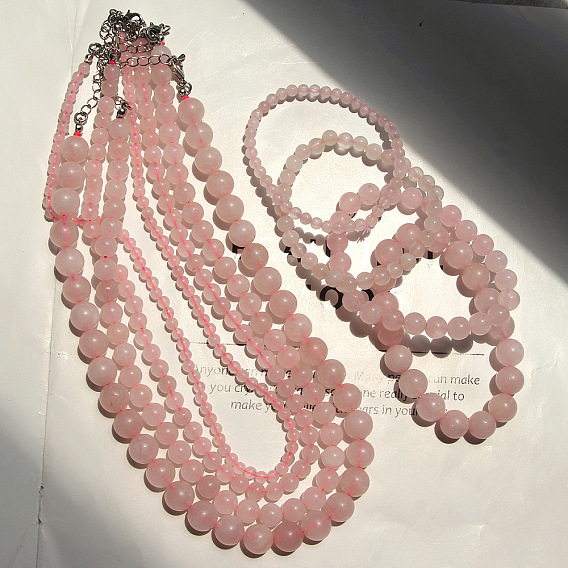 Комплекты круглых ожерелий и браслетов из тянутся бусин из натурального розового кварца