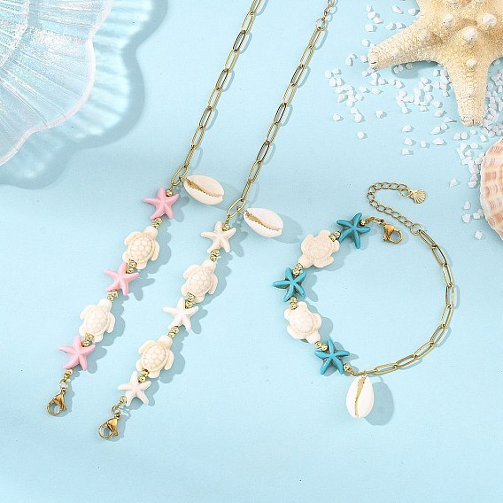 Dyed Synthetic Turquoise & Natural Cowrie Shell Charm Bracelets, 304 Stainless Steel Paperclip Chains Bracelets for Women, Starfish & Sea Turtle