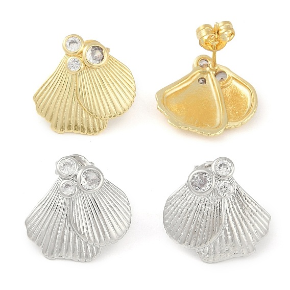 Серьги-гвоздики в форме ракушки с покрытием из латуни и прозрачного кубического циркония для женщин, долговечный, без свинца и без кадмия