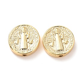 Brass Beads, Long-Lasting Plated, Flat Round with Saint