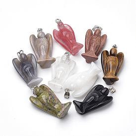Mixtes pendentifs ange de pierres précieuses avec des agrafes en laiton, de couleur métal platine , 40x22x15mm, Trou: 10x4mm
