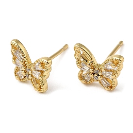 Rack Plating Brass Butterfly Stud Earrings, with Cubic Zirconia, Lead Free & Cadmium Free