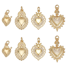 8Pcs 4 Styles Rack Plating Brass Micro Pave Cubic Zirconia Pendants, Heart Charm, Mexican Milagro Flaming Holy Heart Pendant, Long-Lasting Plated, with Jump Rings, Cadmium Free & Lead Free