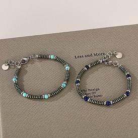 Round Gemstone and 304 Stianless Steel Beaded Bracelets for Men Women, Stainless Steel Color