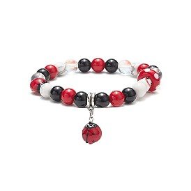 Natural & Synthetic Mixed Stone Round Beaded Stretch Bracelet, Lampwork Beetle Charm Yoga Bracelet for Women