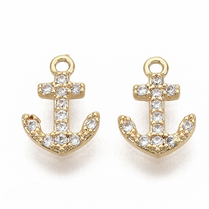 Brass Micro Pave Cubic Zirconia Charms, Nickel Free, Real 18K Gold Plated, Anchor